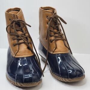 Charles Albert Duck Boots Women 9M Fleece Line Lace Up Tan Blue Winter Snow Rain